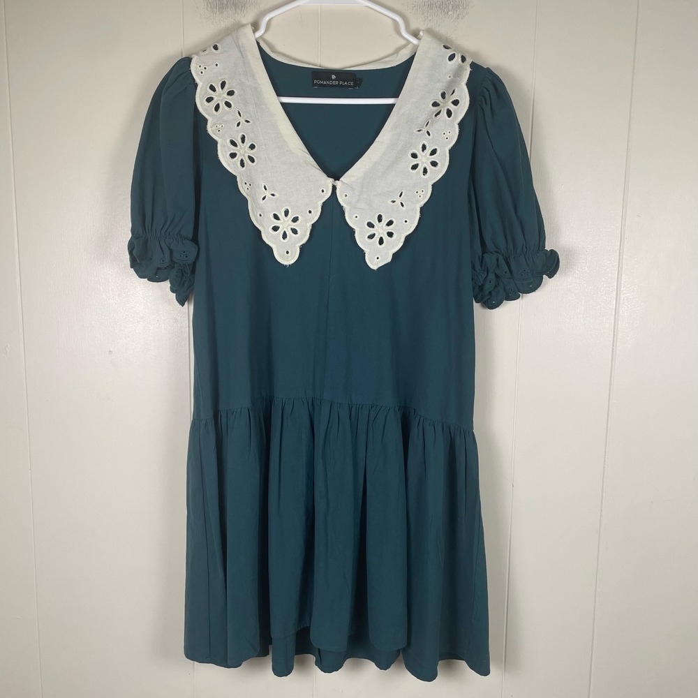 Pomander Place Mini Dress White Eyelet‎ Collar Green Drop Waist Puff Sleeve S